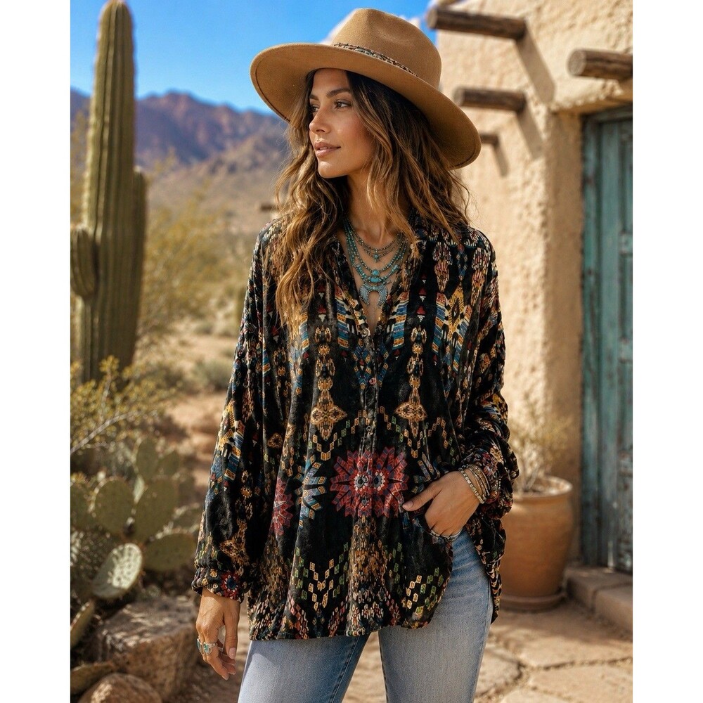 Johnny Was Oversized Blouse Shirt Velvet Burnout Silk Aztec Print Southwest Sz S